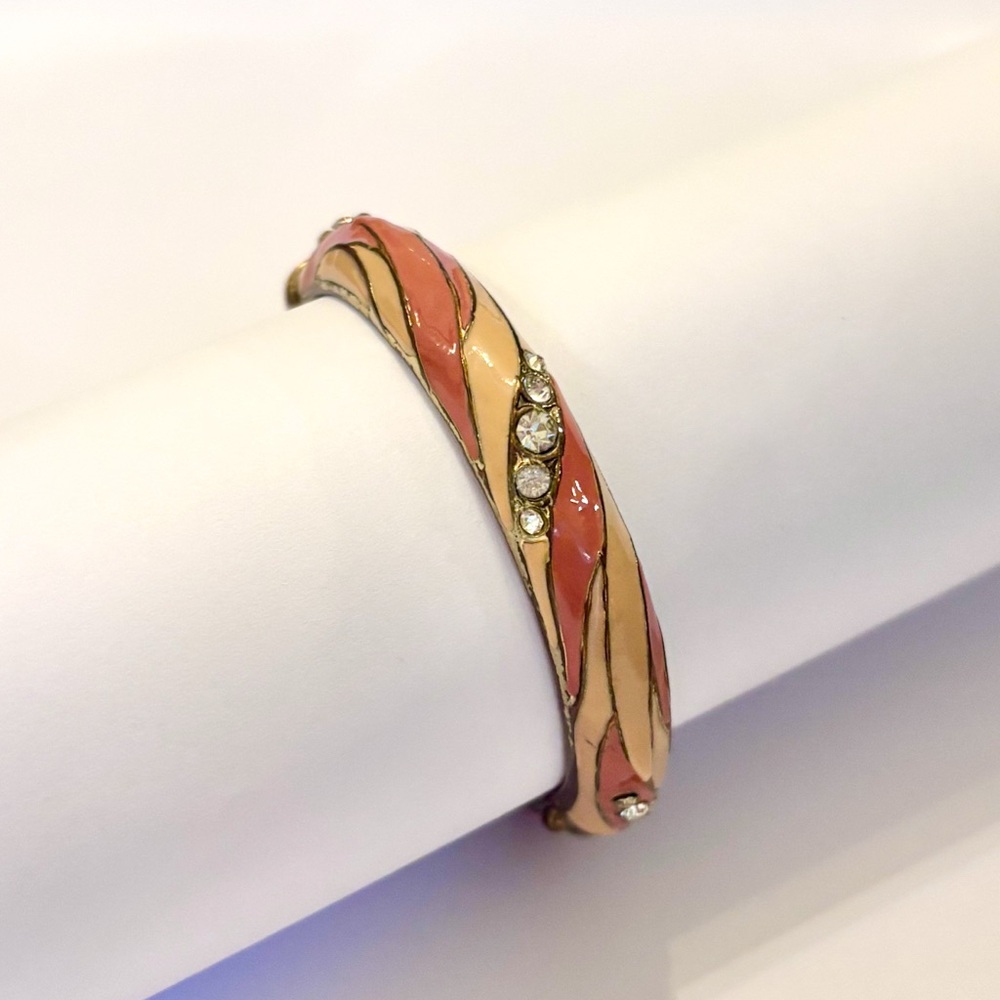 Vintage Pink and Gold Enamel and Rhinestone Clamper Bracelet